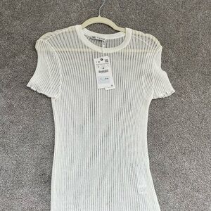 Zara White Ribbed Sheer Tee